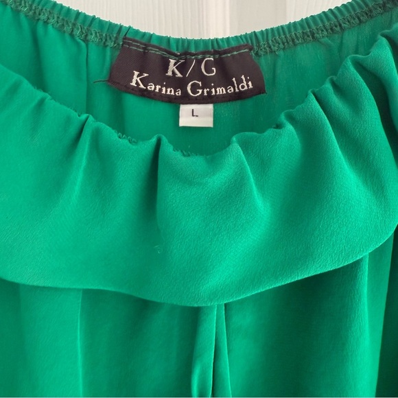 KARINA GRIMALDI 100% Silk Peacock Feather Tube Top Green Ruffle Boho Resort L - Picture 6 of 10